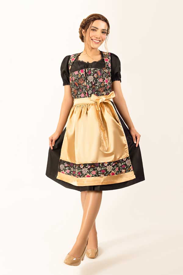 Karoline | Women's Oktoberfest Dirndl Midi Dress with Floral Bodice and Gold Satin Apron - image 1