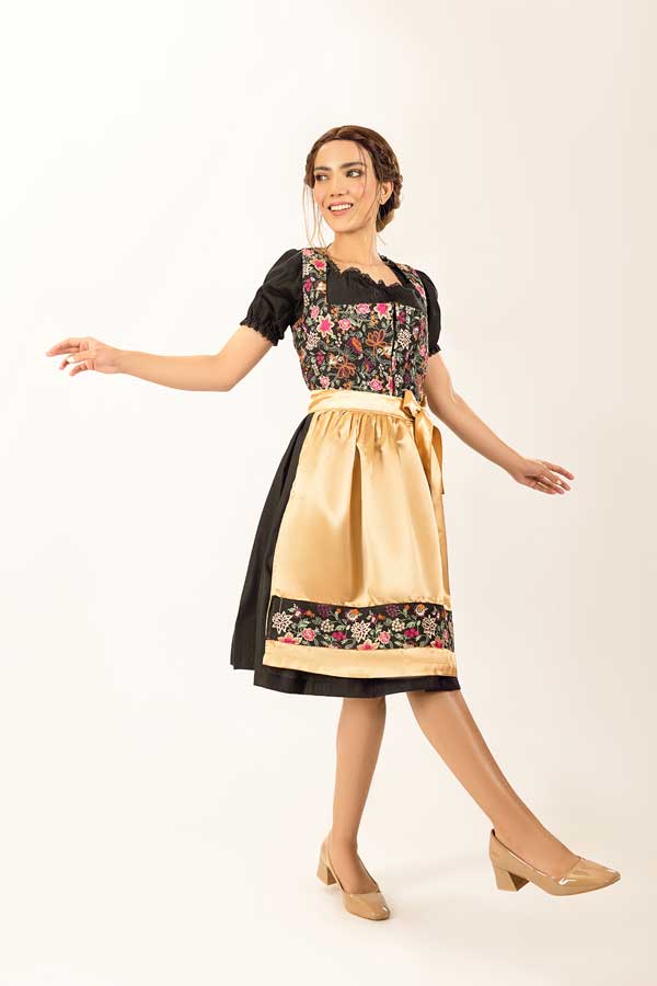 Karoline | Women's Oktoberfest Dirndl Midi Dress with Floral Bodice and Gold Satin Apron - image 5