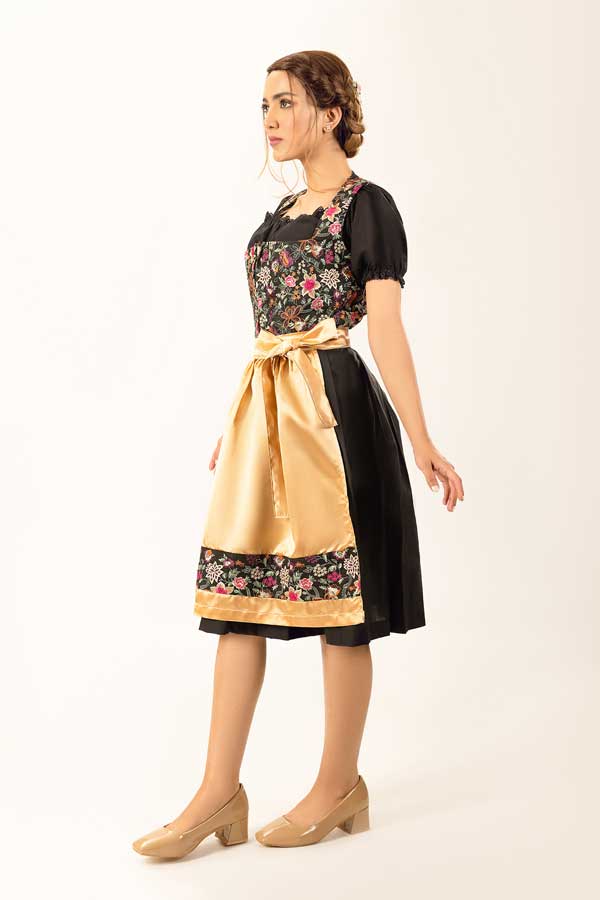 Karoline | Women's Oktoberfest Dirndl Midi Dress with Floral Bodice and Gold Satin Apron - image 4