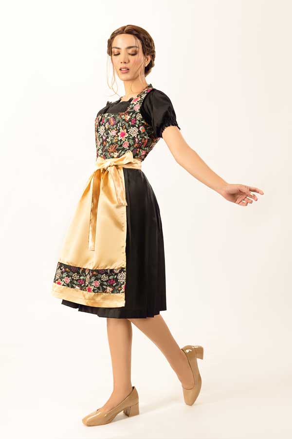 Karoline | Women's Oktoberfest Dirndl Midi Dress with Floral Bodice and Gold Satin Apron - image 3