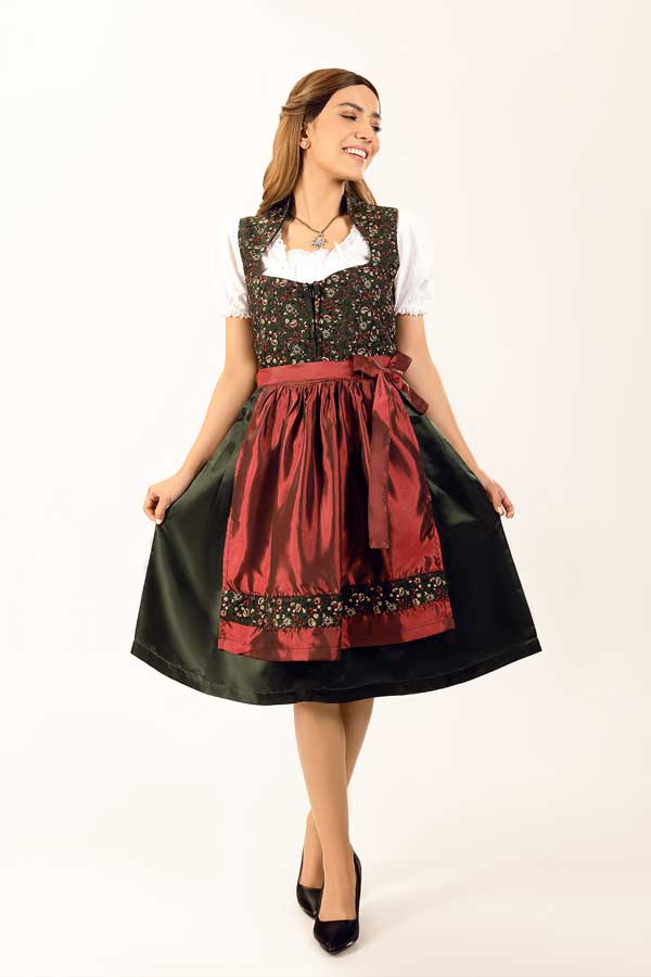 Franziska | Women's Oktoberfest Dirndl Midi Dress with Floral Bodice and Satin Apron - image 1