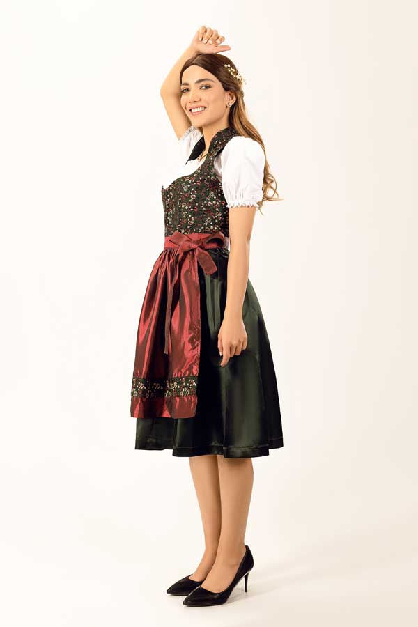 Franziska | Women's Oktoberfest Dirndl Midi Dress with Floral Bodice and Satin Apron - image 6