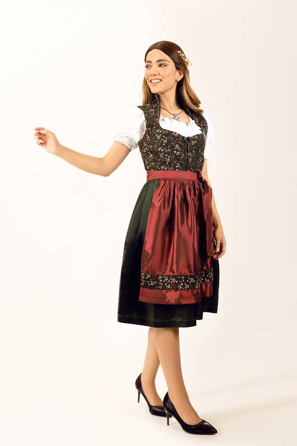 Franziska | Women's Oktoberfest Dirndl Midi Dress with Floral Bodice and Satin Apron - image 5