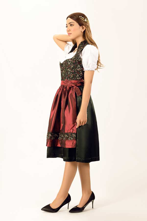 Franziska | Women's Oktoberfest Dirndl Midi Dress with Floral Bodice and Satin Apron - image 4