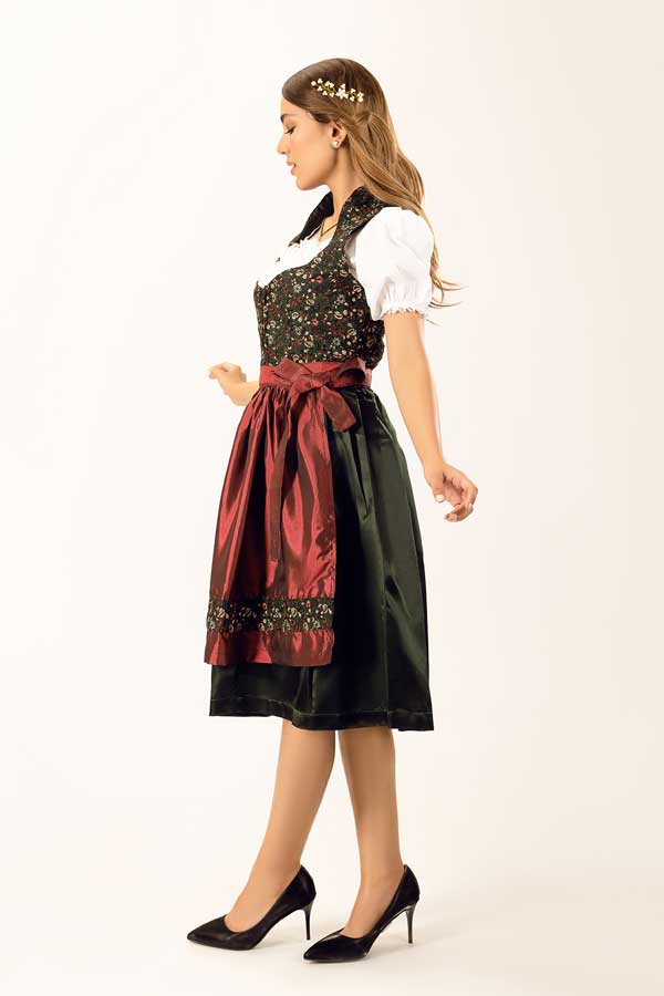Franziska | Women's Oktoberfest Dirndl Midi Dress with Floral Bodice and Satin Apron - image 3