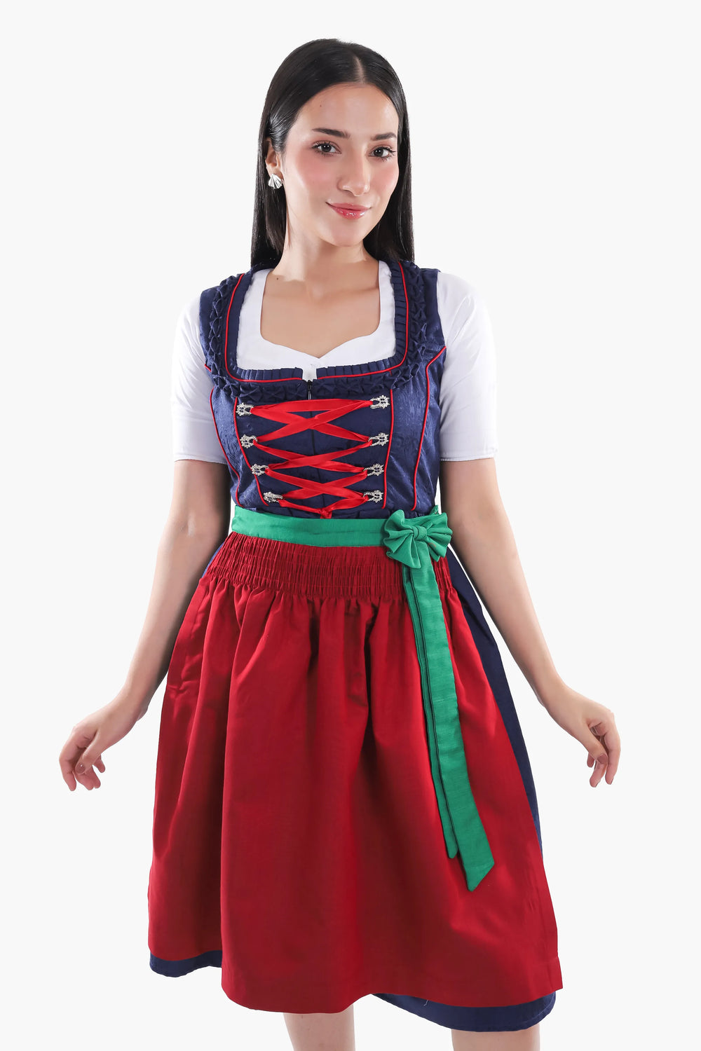 Elfriede | Women's Oktoberfest Dirndl Midi Dress with Navy Bodice and Red Apron - image 2