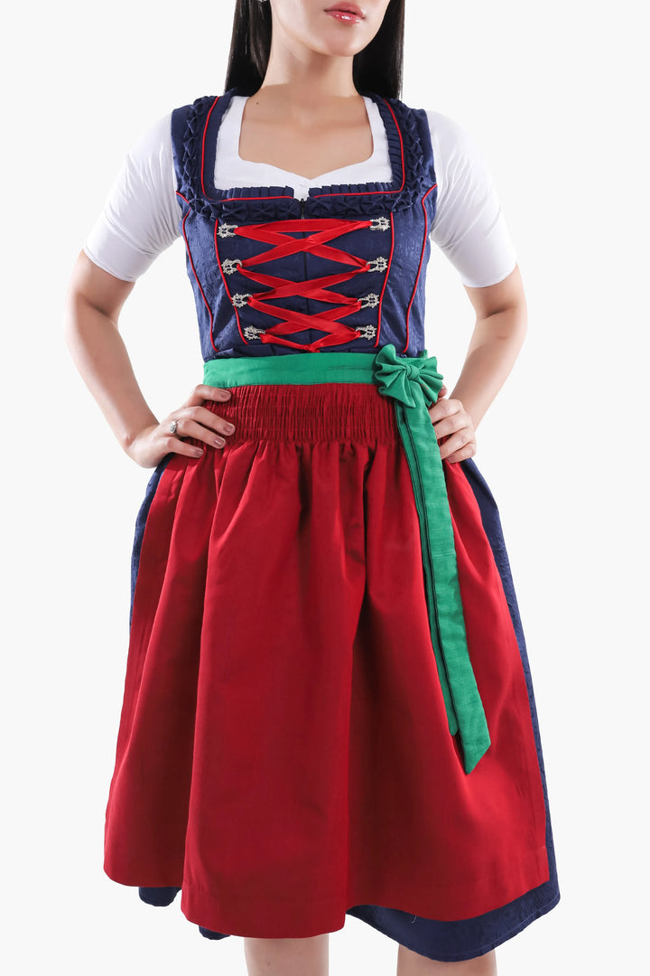 Elfriede | Women's Oktoberfest Dirndl Midi Dress with Navy Bodice and Red Apron - image 3