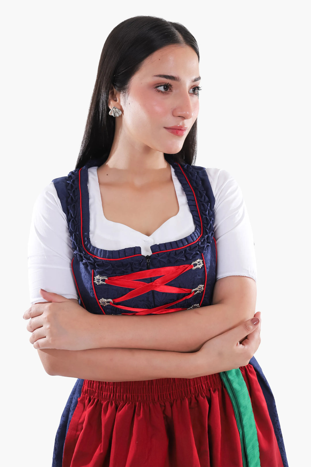 Elfriede | Women's Oktoberfest Dirndl Midi Dress with Navy Bodice and Red Apron - image 4