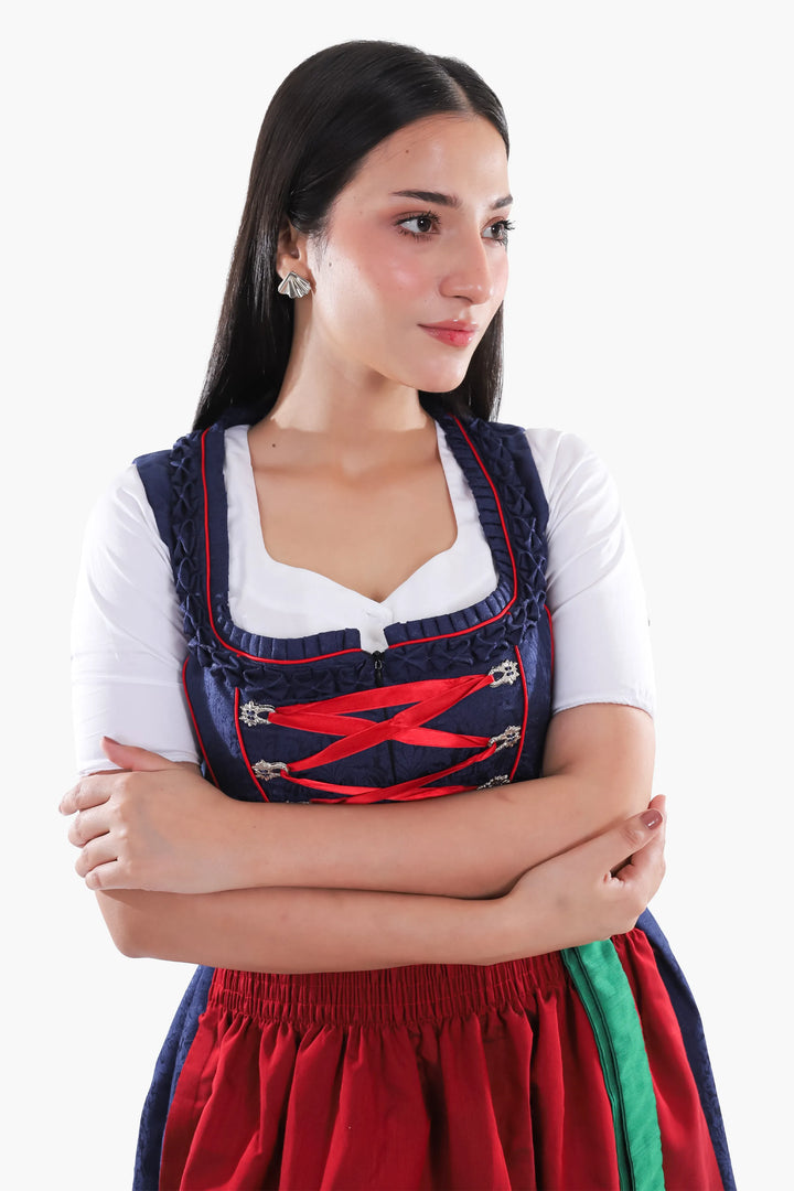 Elfriede | Women's Oktoberfest Dirndl Midi Dress with Navy Bodice and Red Apron - image 4