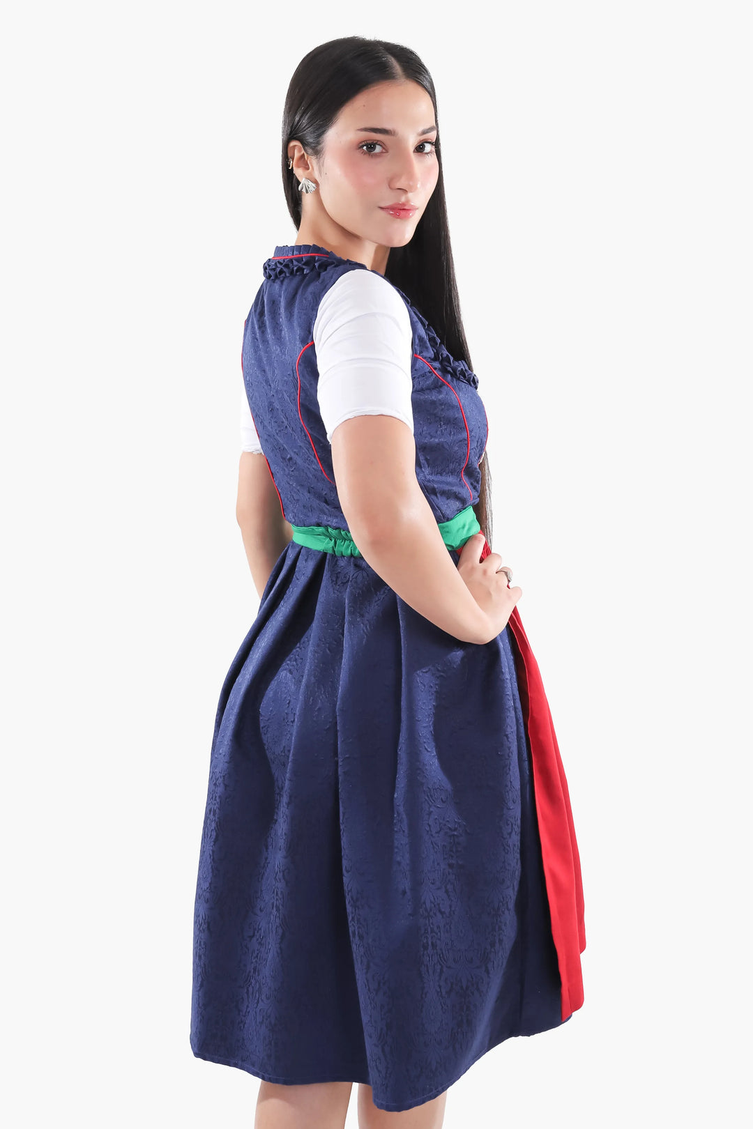 Elfriede | Women's Oktoberfest Dirndl Midi Dress with Navy Bodice and Red Apron - image 5