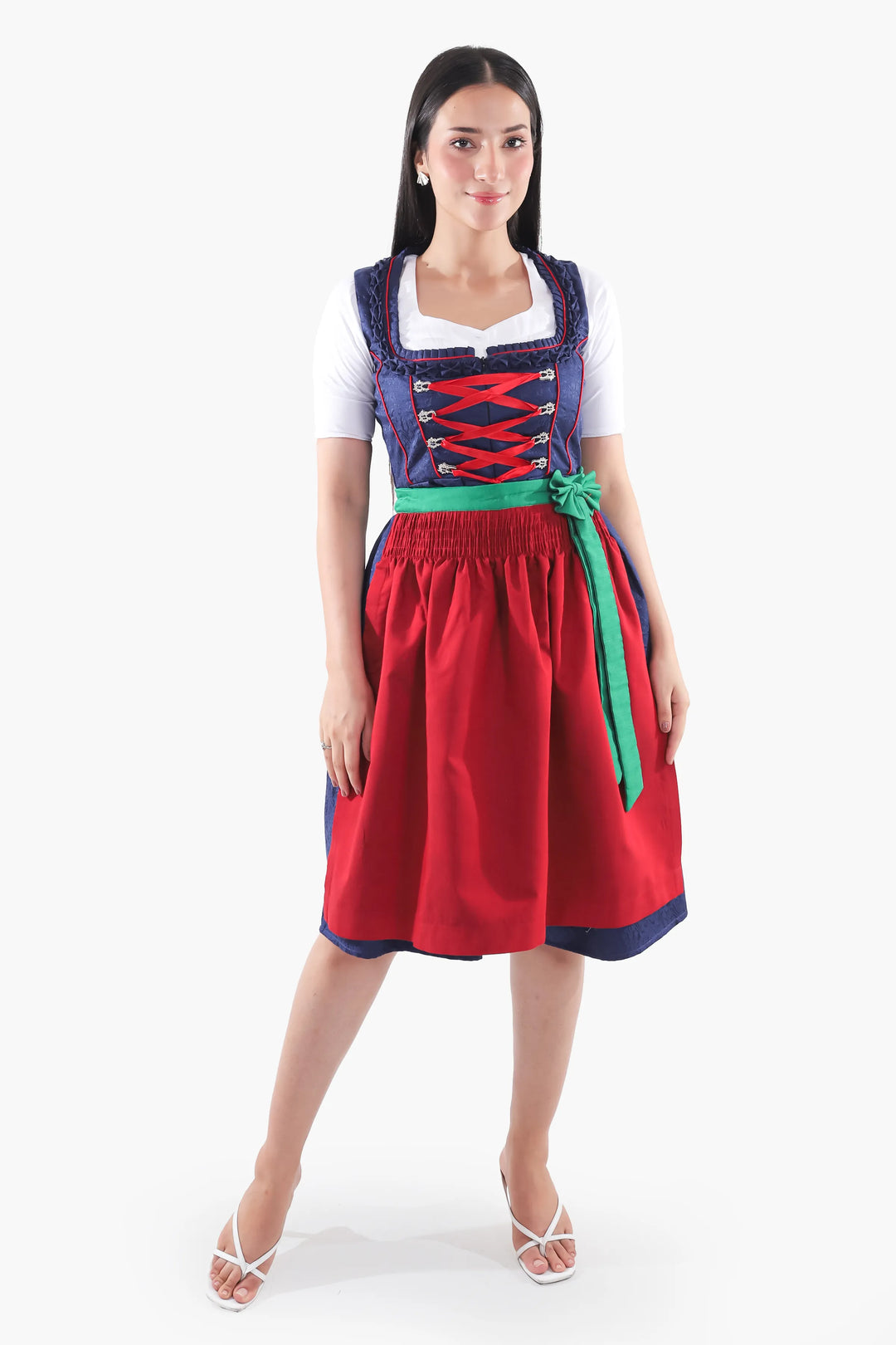 Elfriede | Women's Oktoberfest Dirndl Midi Dress with Navy Bodice and Red Apron - image 1