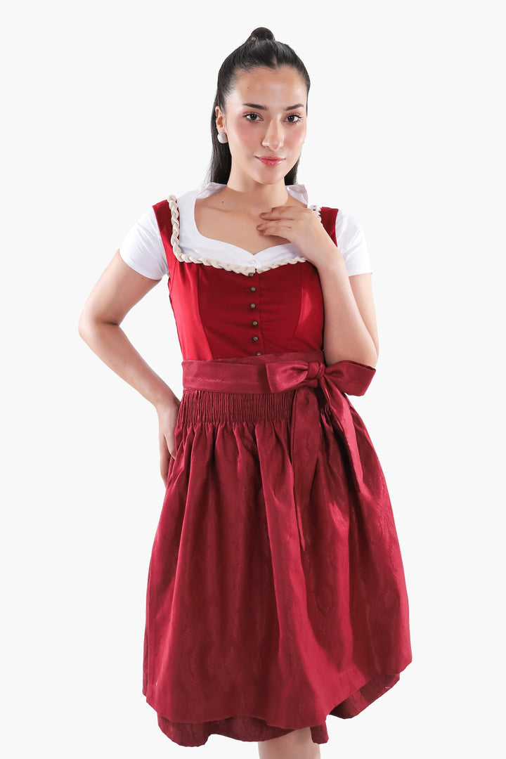 Walburga | Women's Oktoberfest Dirndl Midi Dress with Maroon Velvet Bodice and Bow Apron - image 3