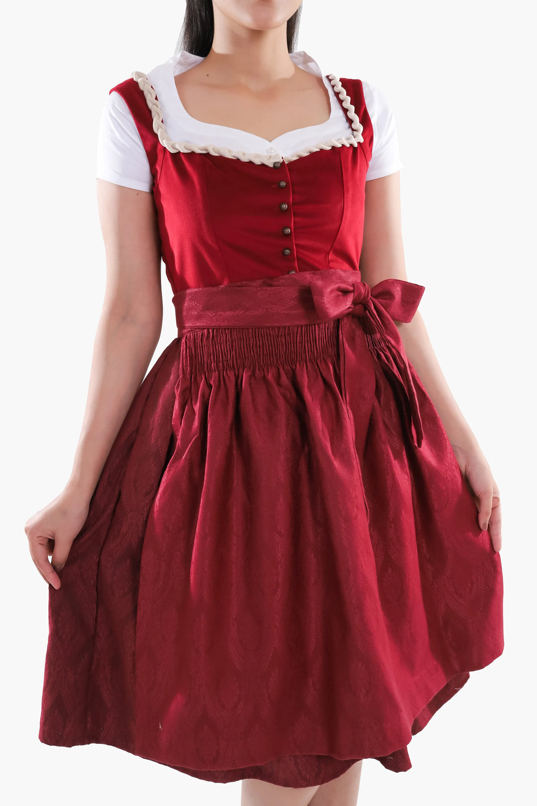 Walburga | Women's Oktoberfest Dirndl Midi Dress with Maroon Velvet Bodice and Bow Apron - image 4