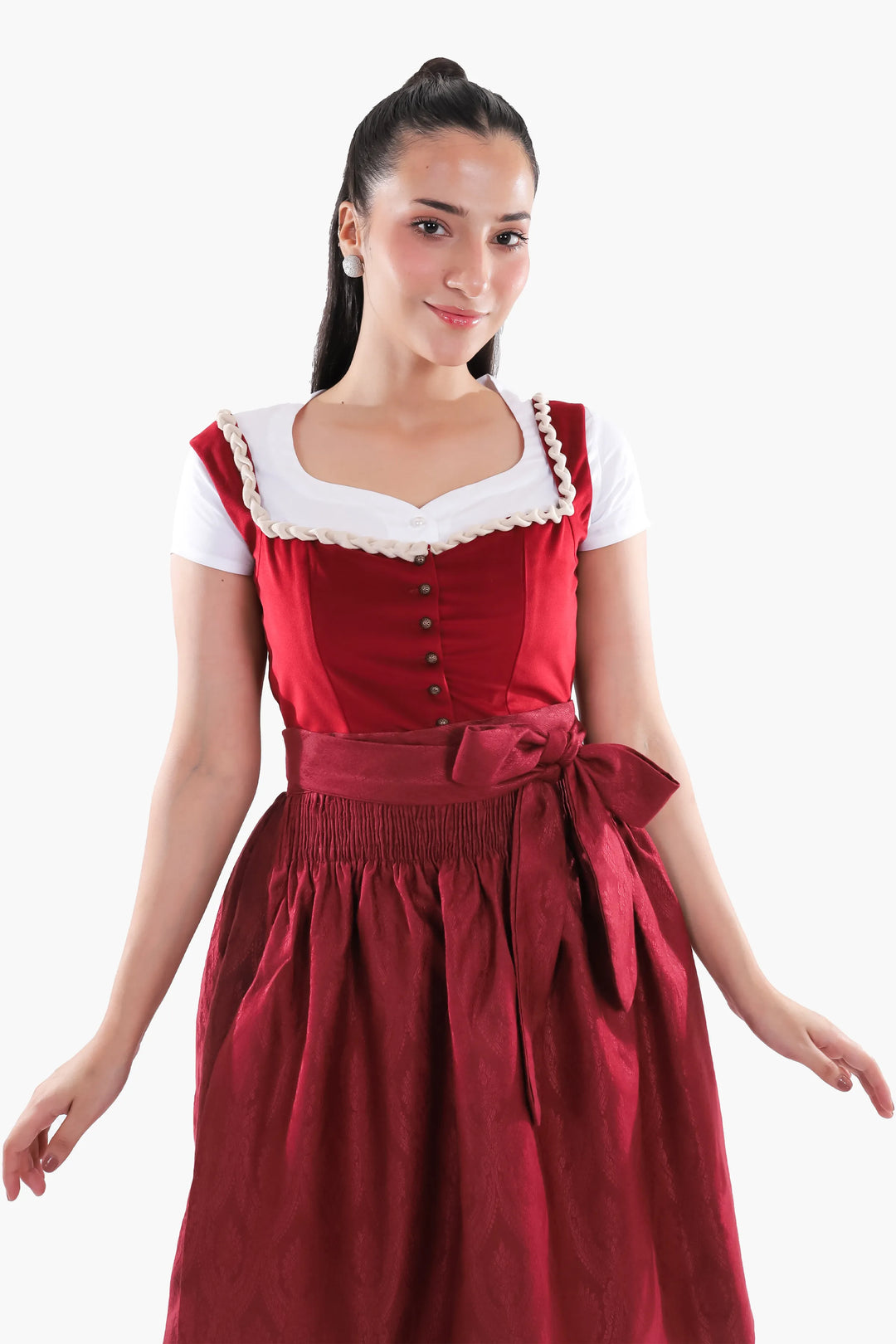 Walburga | Women's Oktoberfest Dirndl Midi Dress with Maroon Velvet Bodice and Bow Apron - image 5