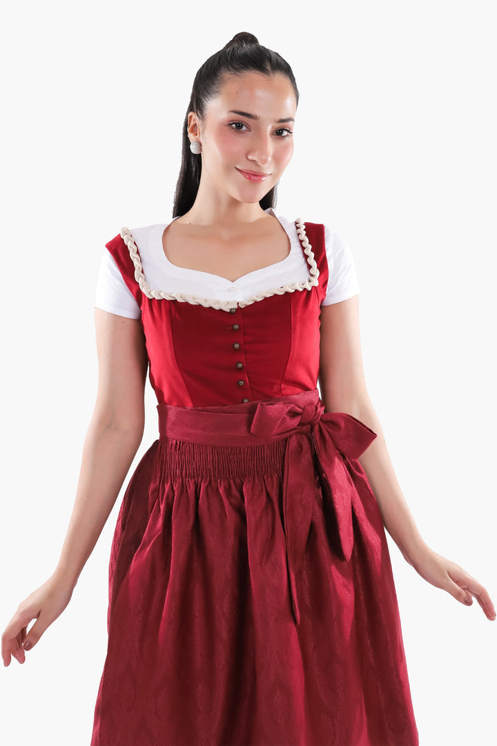 Walburga | Women's Oktoberfest Dirndl Midi Dress with Maroon Velvet Bodice and Bow Apron - image 5