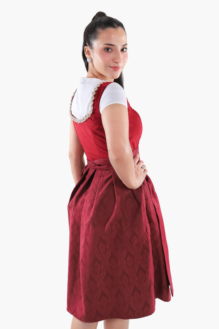Walburga | Women's Oktoberfest Dirndl Midi Dress with Maroon Velvet Bodice and Bow Apron - image 6