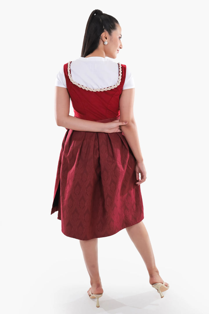 Walburga | Women's Oktoberfest Dirndl Midi Dress with Maroon Velvet Bodice and Bow Apron - image 7