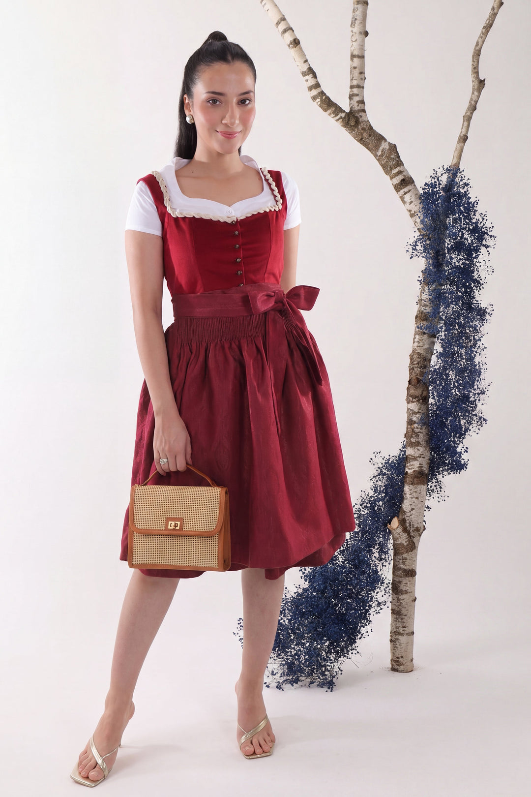 Walburga | Women's Oktoberfest Dirndl Midi Dress with Maroon Velvet Bodice and Bow Apron - image 1