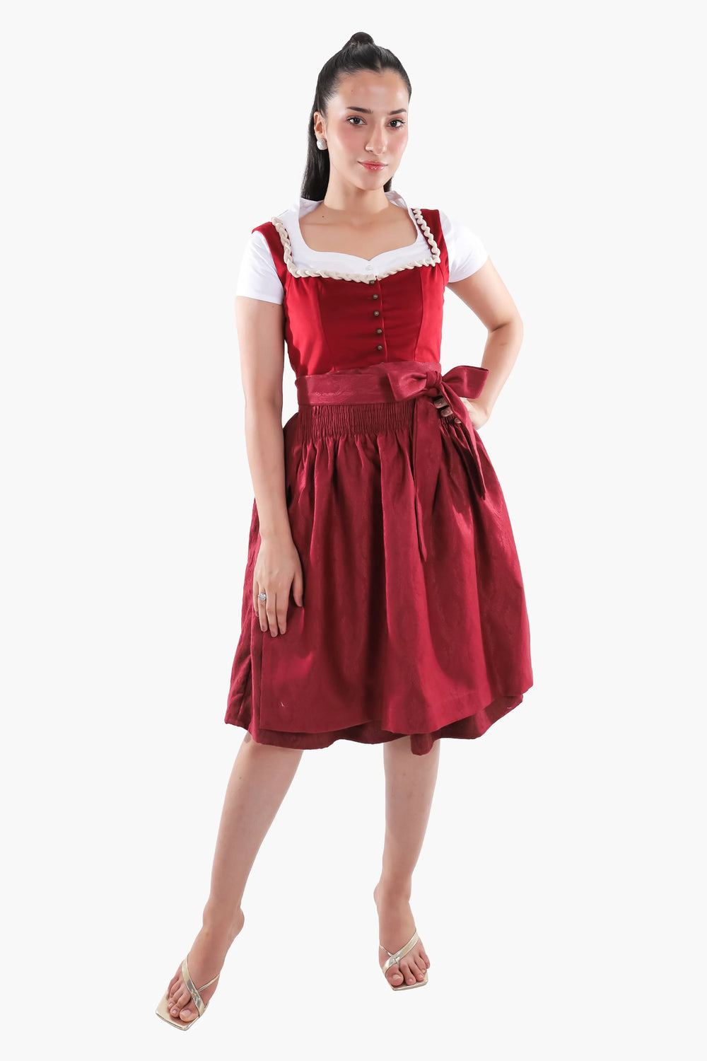 Walburga | Women's Oktoberfest Dirndl Midi Dress with Maroon Velvet Bodice and Bow Apron - image 2