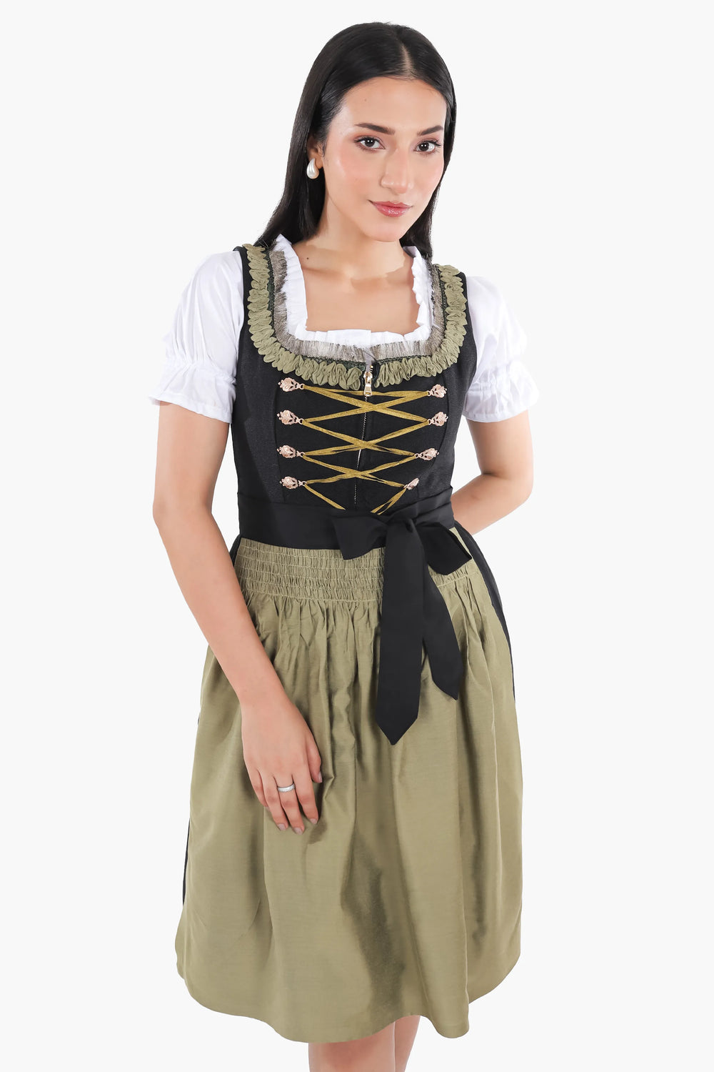 Gerlinde | Women's Oktoberfest Dirndl Midi Dress with Sage Skirt and Bow Apron - image 2