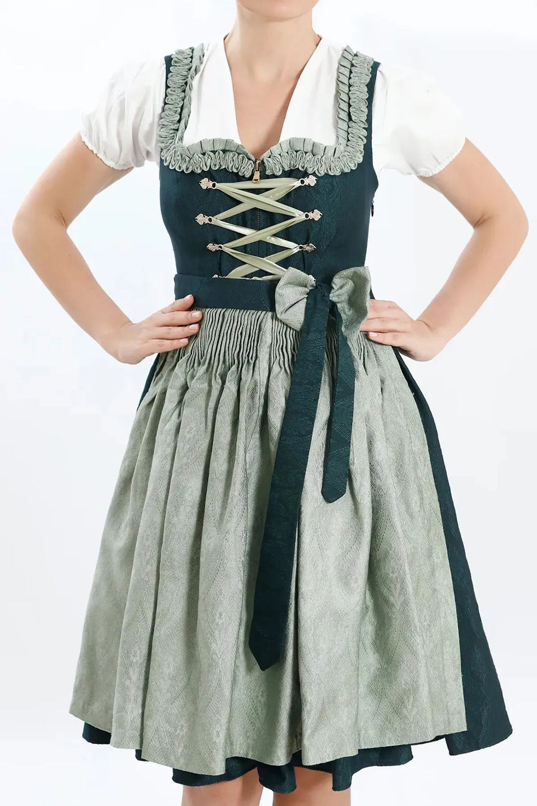Sieglinde | Women's Meadow Green Oktoberfest Dirndl Midi Dress with Laced Bodice - image 3