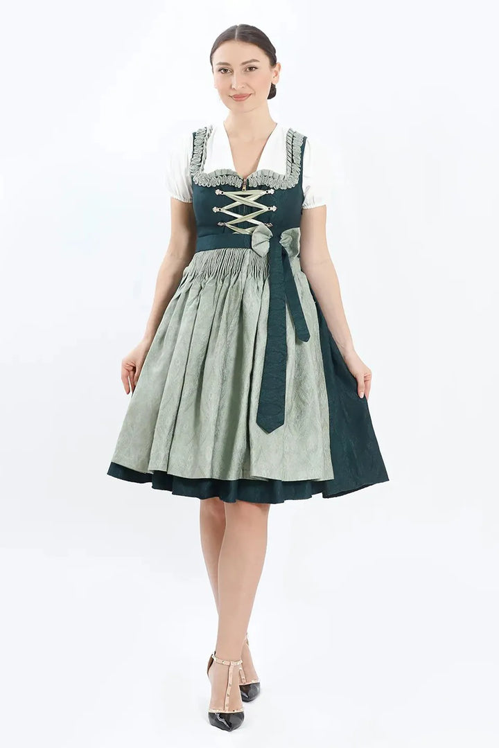 Sieglinde | Women's Meadow Green Oktoberfest Dirndl Midi Dress with Laced Bodice - image 1