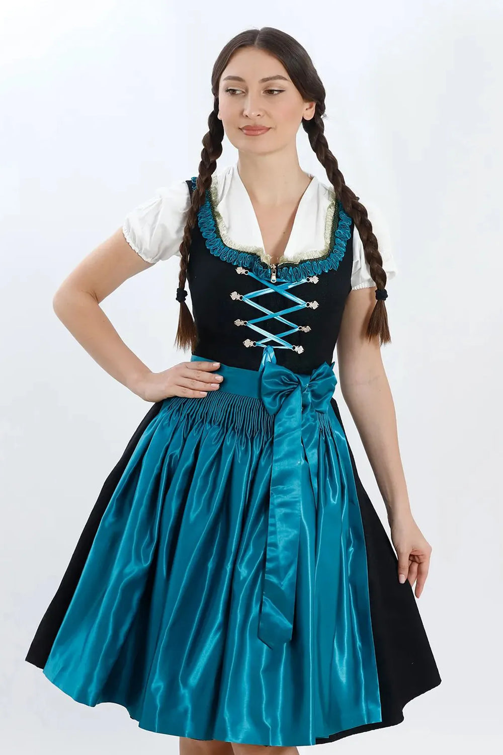 Valeska | Women's Oktoberfest Dirndl Midi Dress with Teal Satin Apron and Laced Bodice - image 2
