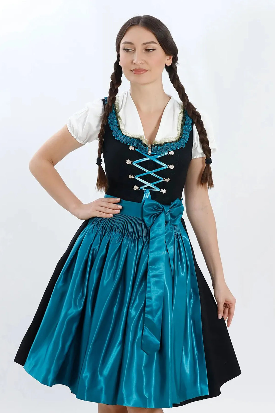 Valeska | Women's Oktoberfest Dirndl Midi Dress with Teal Satin Apron and Laced Bodice - image 2