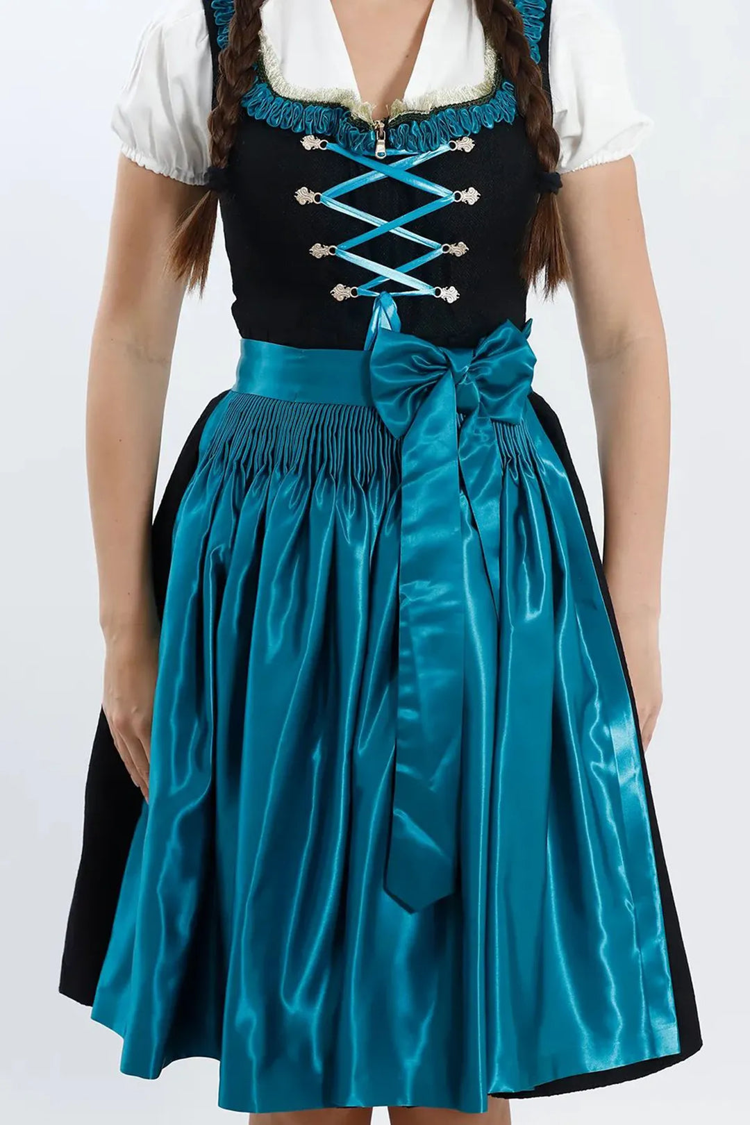 Valeska | Women's Oktoberfest Dirndl Midi Dress with Teal Satin Apron and Laced Bodice - image 3