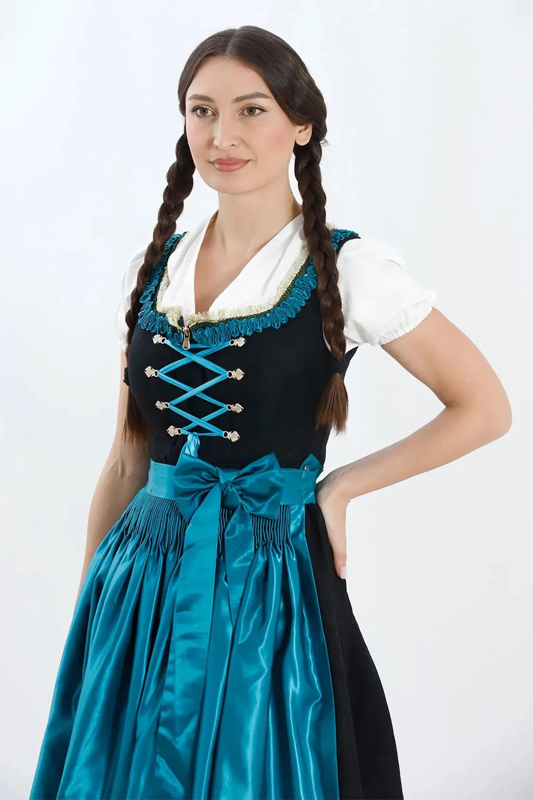 Valeska | Women's Oktoberfest Dirndl Midi Dress with Teal Satin Apron and Laced Bodice - image 4