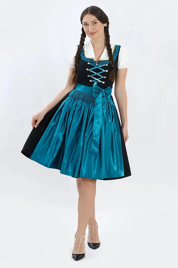 Valeska | Women's Oktoberfest Dirndl Midi Dress with Teal Satin Apron and Laced Bodice - image 5