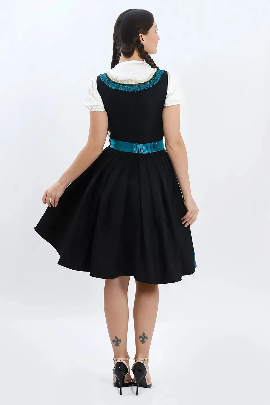 Valeska | Women's Oktoberfest Dirndl Midi Dress with Teal Satin Apron and Laced Bodice - image 6