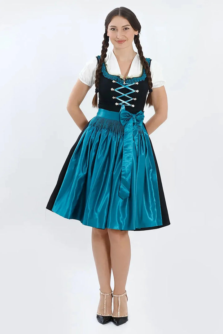 Valeska | Women's Oktoberfest Dirndl Midi Dress with Teal Satin Apron and Laced Bodice - image 1