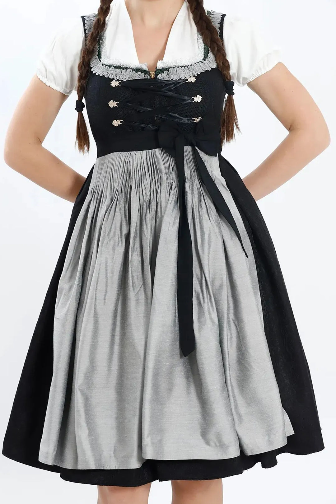 Waltraud | Women's Oktoberfest Dirndl Midi Dress with Silver Skirt and Buttoned Bodice - image 3
