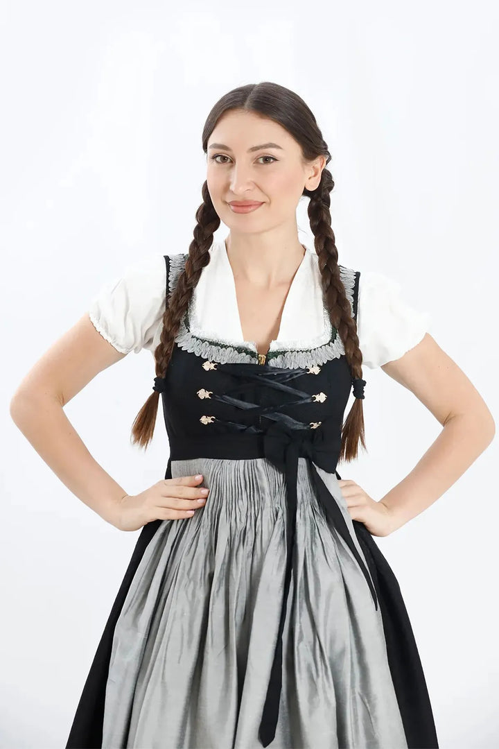 Waltraud | Women's Oktoberfest Dirndl Midi Dress with Silver Skirt and Buttoned Bodice - image 2