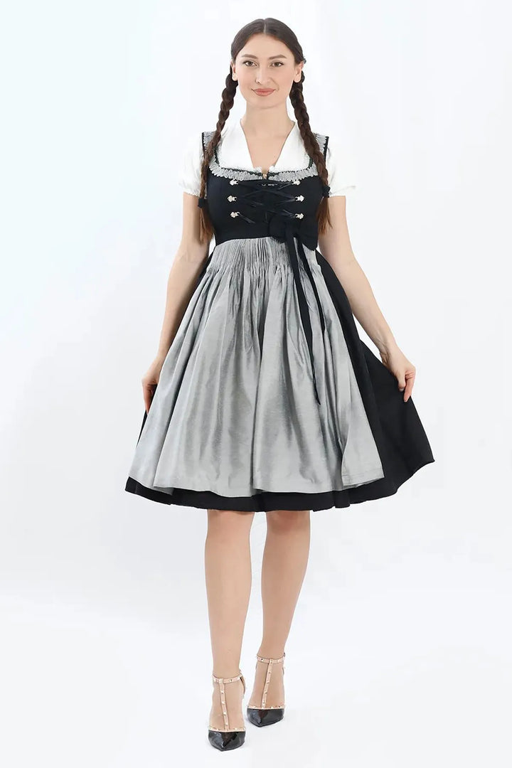 Waltraud | Women's Oktoberfest Dirndl Midi Dress with Silver Skirt and Buttoned Bodice - image 4
