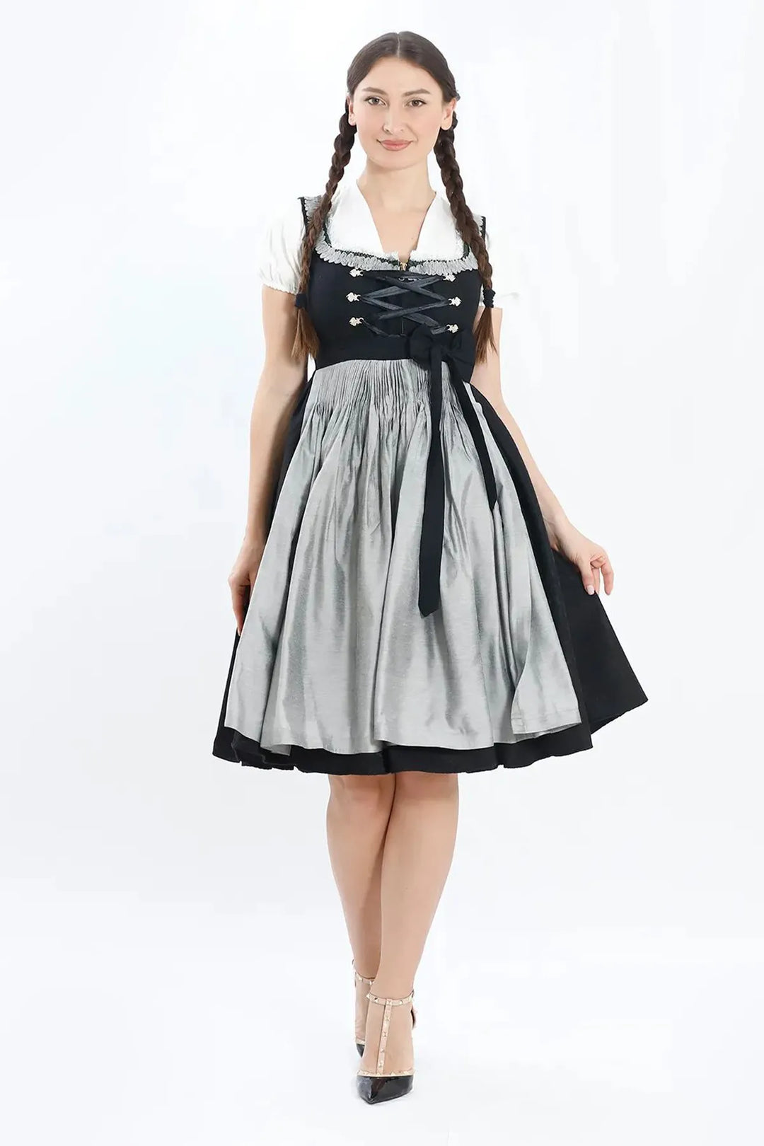 Waltraud | Women's Oktoberfest Dirndl Midi Dress with Silver Skirt and Buttoned Bodice - image 1