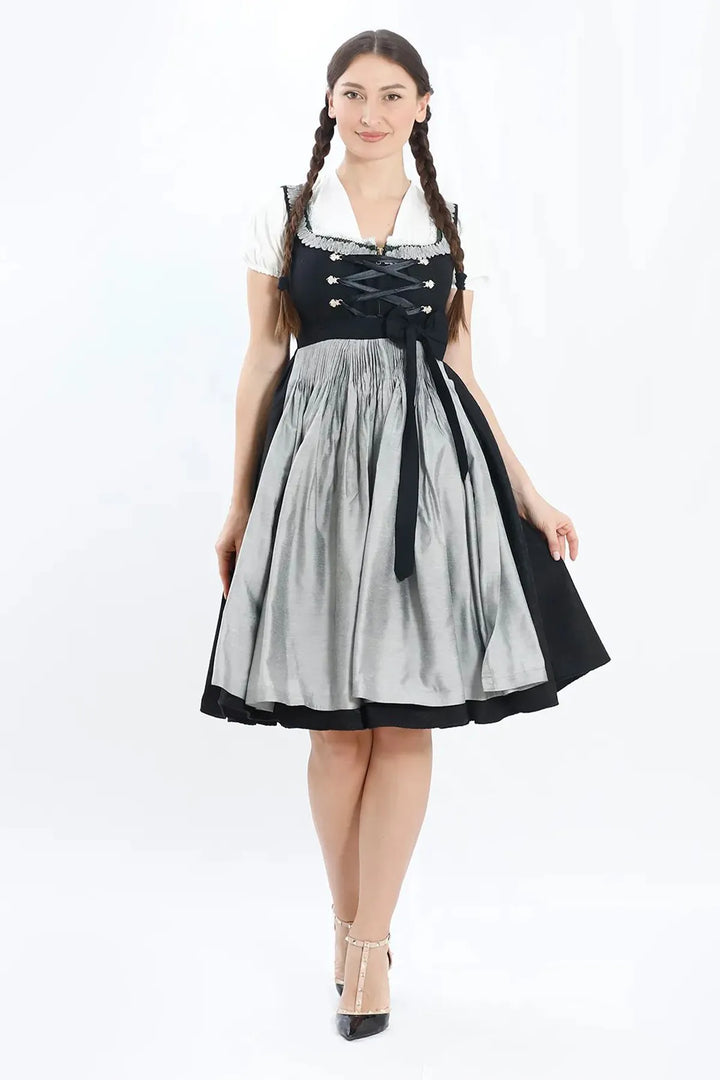 Waltraud | Women's Oktoberfest Dirndl Midi Dress with Silver Skirt and Buttoned Bodice - image 1