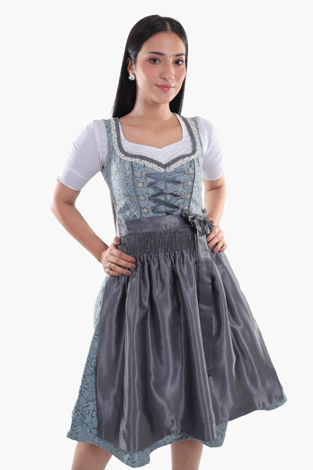 Hildegard | Women's Slate Blue Oktoberfest Dirndl Midi Dress with Laced Bodice - image 3