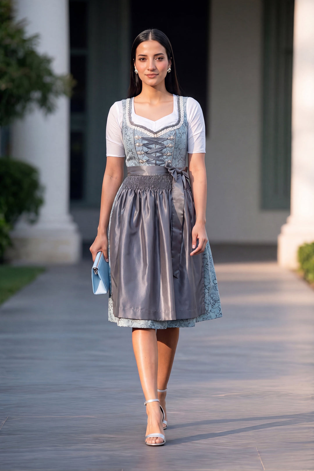 Hildegard | Women's Slate Blue Oktoberfest Dirndl Midi Dress with Laced Bodice - image 1