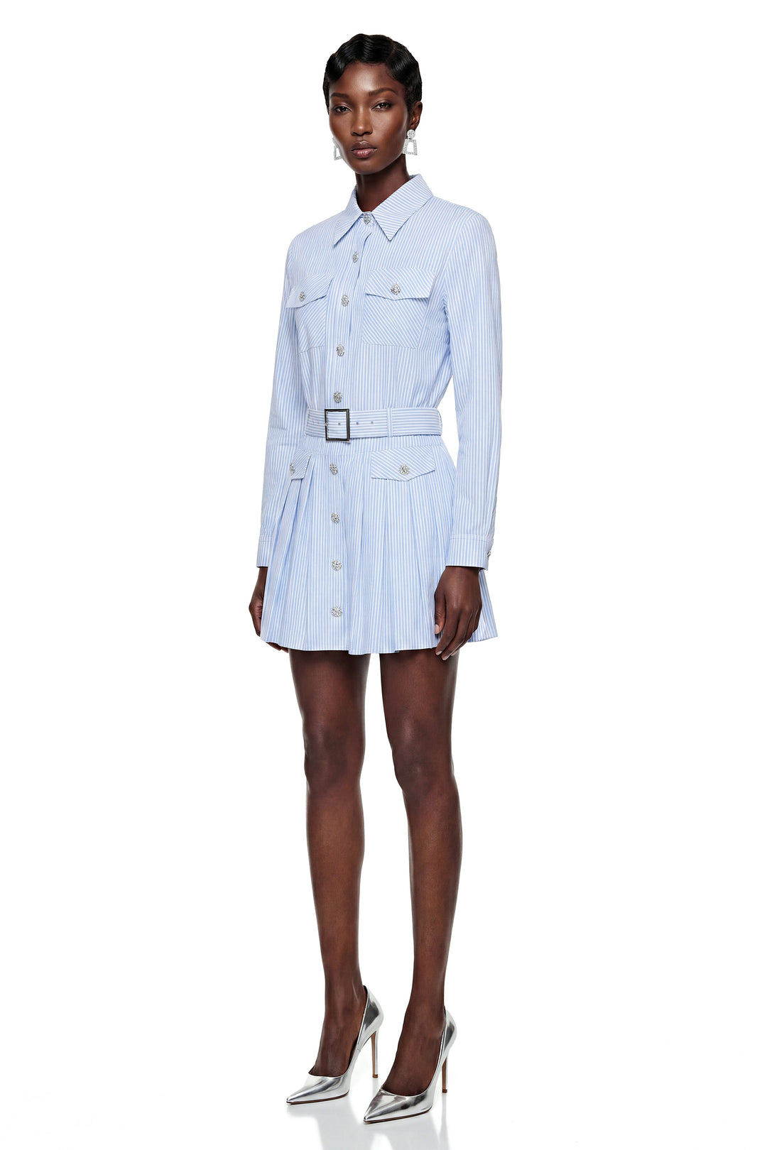 Verity | Women's Amarante Blue Striped Belted Blouse & Skirt Set