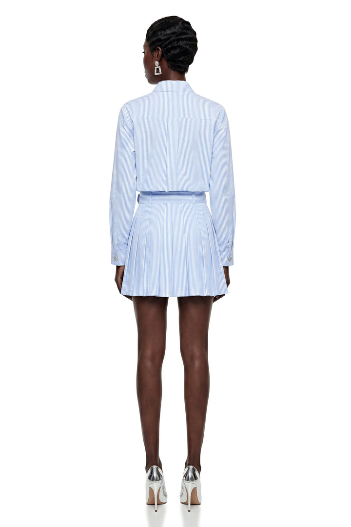 Verity | Women's Amarante Blue Striped Belted Blouse & Skirt Set