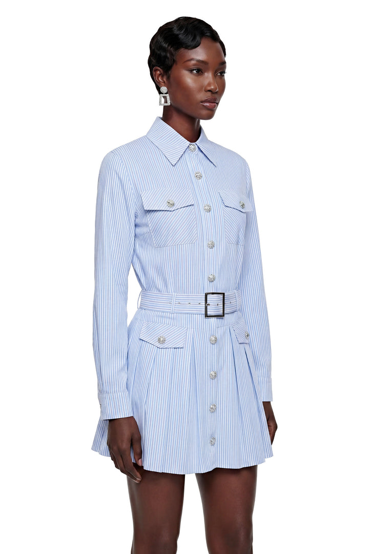Verity | Women's Amarante Blue Striped Belted Blouse & Skirt Set