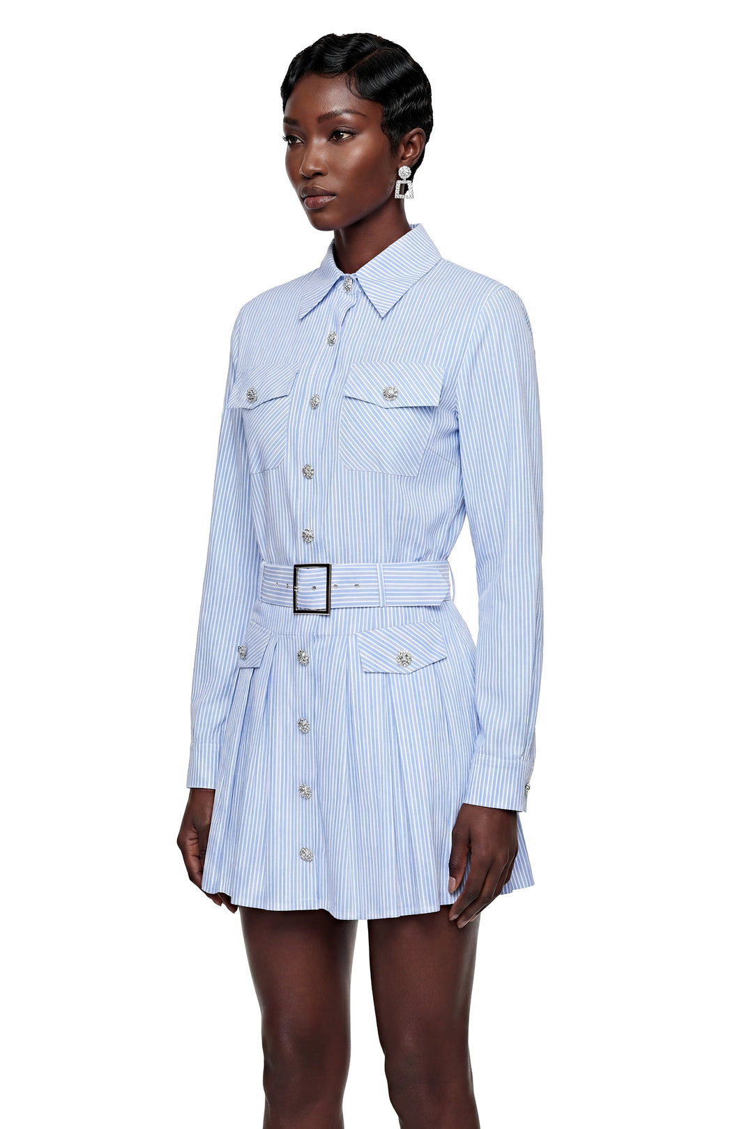 Verity | Women's Amarante Blue Striped Belted Blouse & Skirt Set