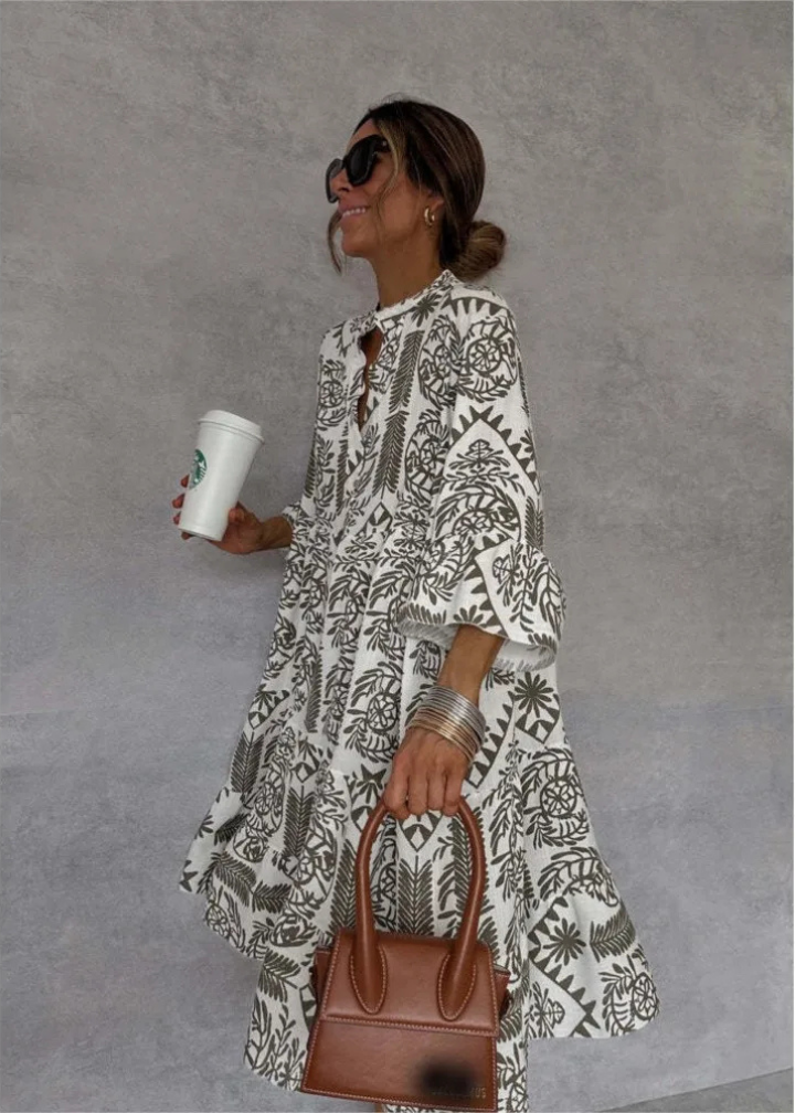 Fortunata printed shirt midi dress, collared, long sleeves