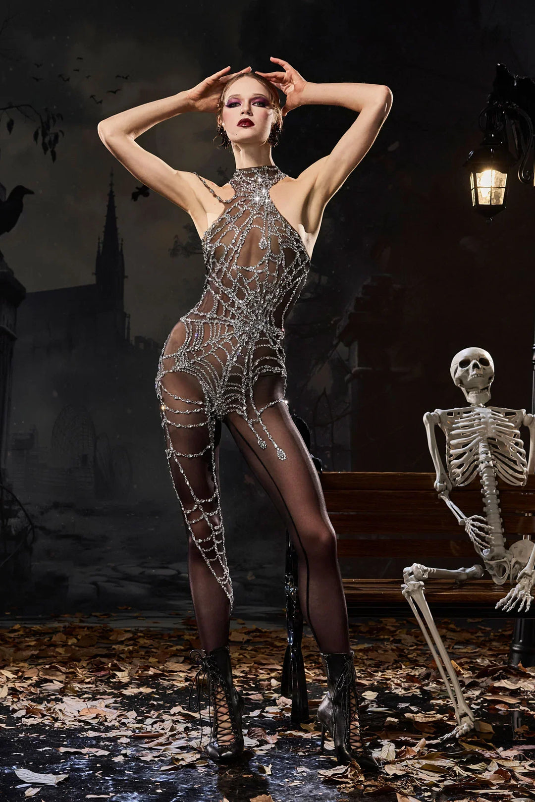 Godeleva | Women's Rhinestone Cutout Jumpsuit with Cobweb Design - image 1