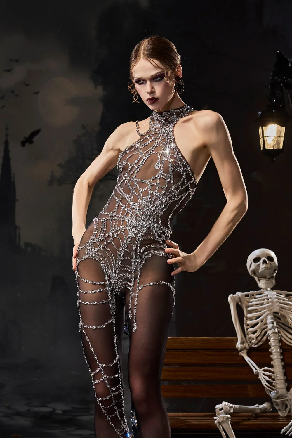 Godeleva | Women's Rhinestone Cutout Jumpsuit with Cobweb Design - image 2