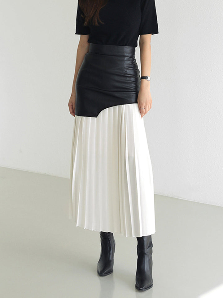 Honoria | Women's Asymmetric Patchwork Faux Leather Chiffon Pleated Maxi Skirt