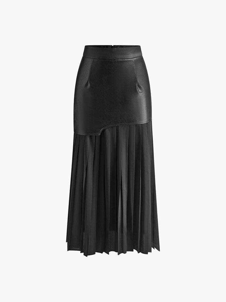 Honoria | Women's Asymmetric Patchwork Faux Leather Chiffon Pleated Maxi Skirt