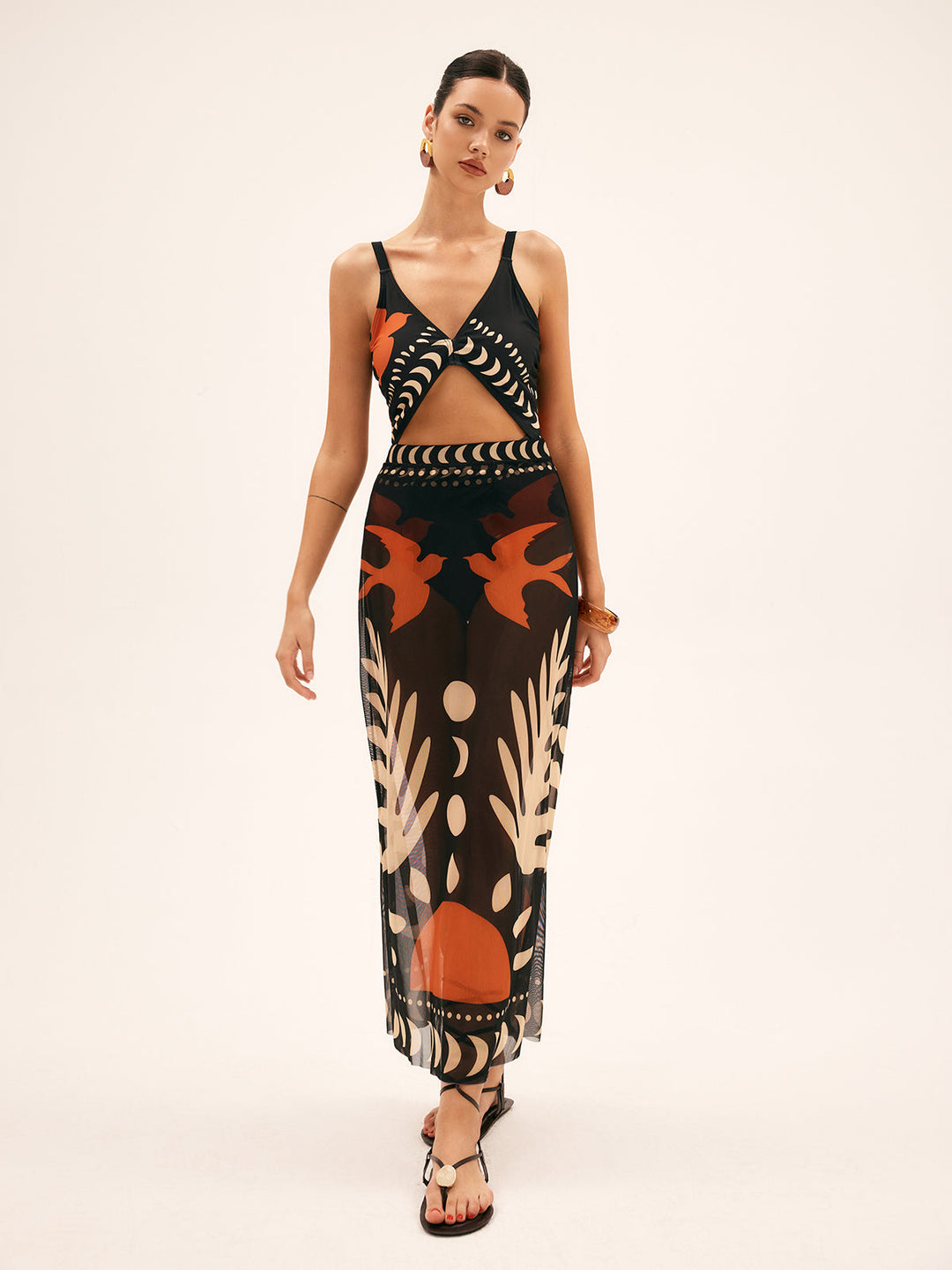 Sabina | Women's Bird Print Mesh Cover Up Maxi Skirt